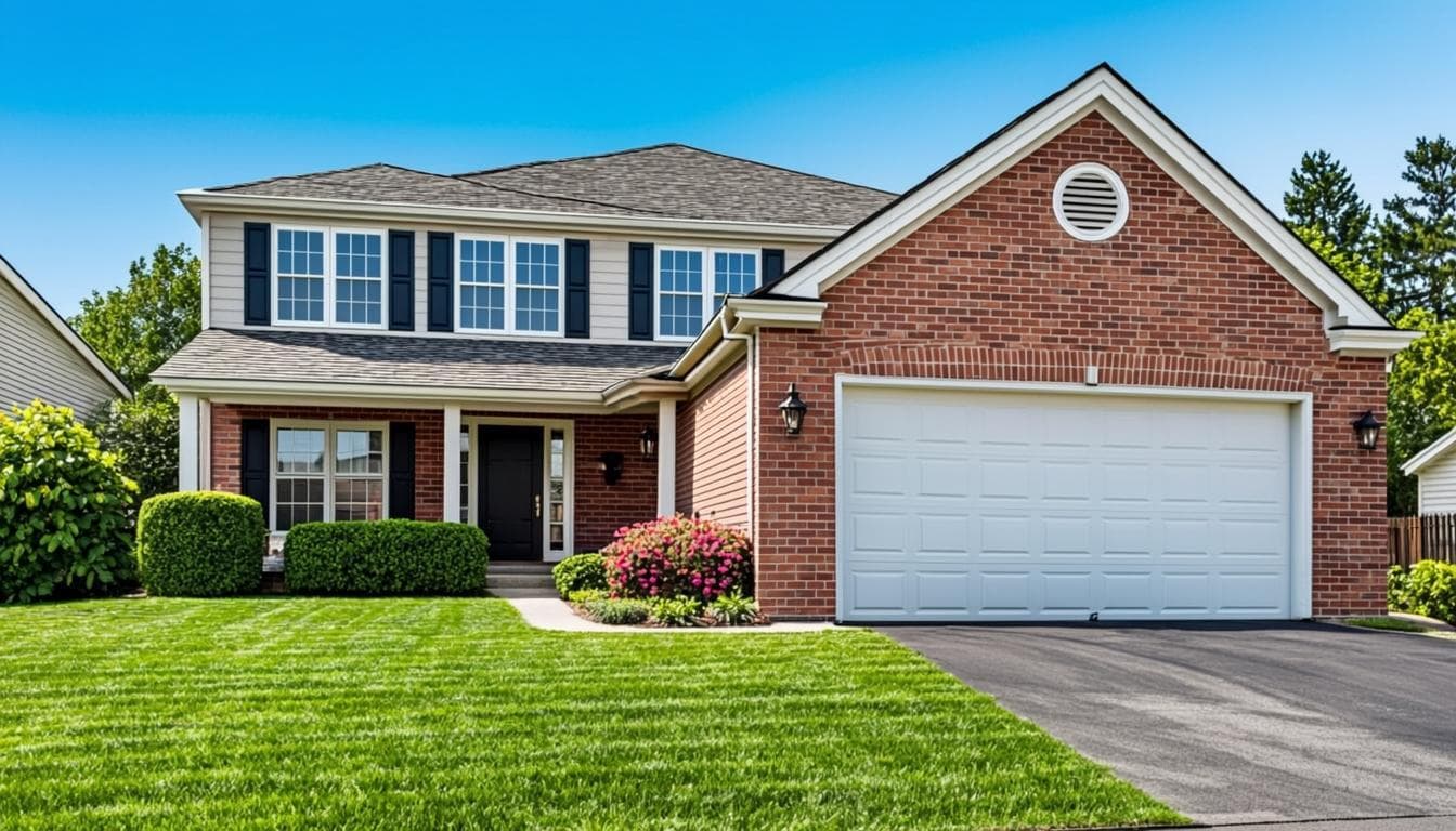 Two-story brick house with white garage door and green lawn under a blue sky