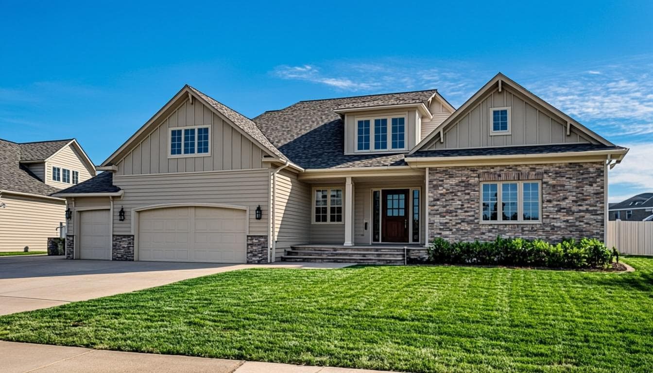 Two-story suburban house with beige siding, stone accents, and a two-car garage