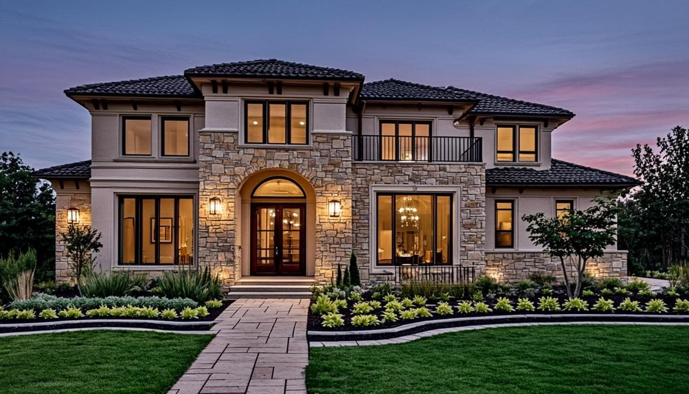 Two-story house with stone and stucco walls, arched entryway, and landscaped walkway at twilight