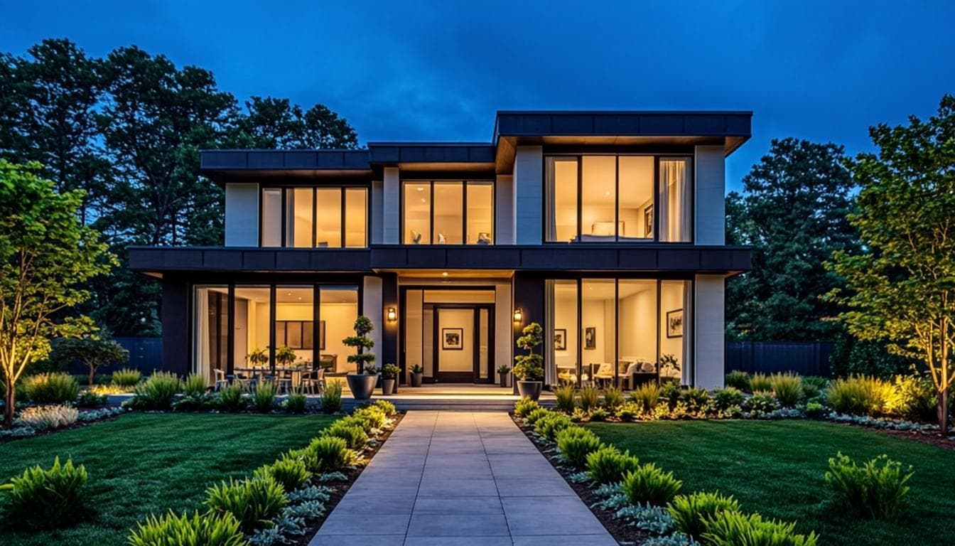 Modern two-story house with illuminated windows and landscaped front yard at dusk