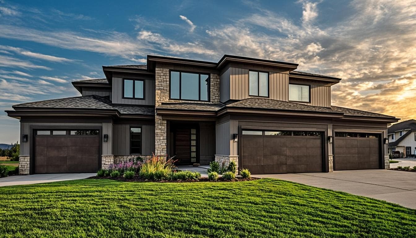 Large modern two-story house with stone and siding exterior, three garage doors, and green lawn