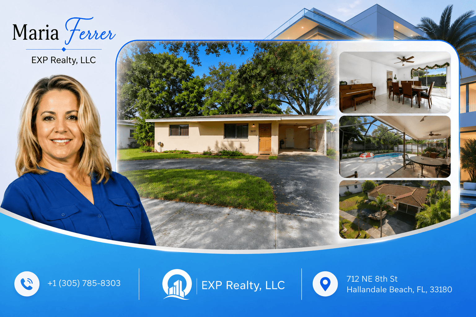 Featured real estate property listings showcase with agent Maria Ferrer