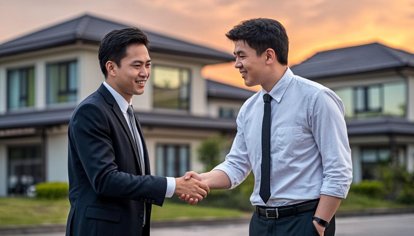 Real estate professional shaking hands with client in front of modern home