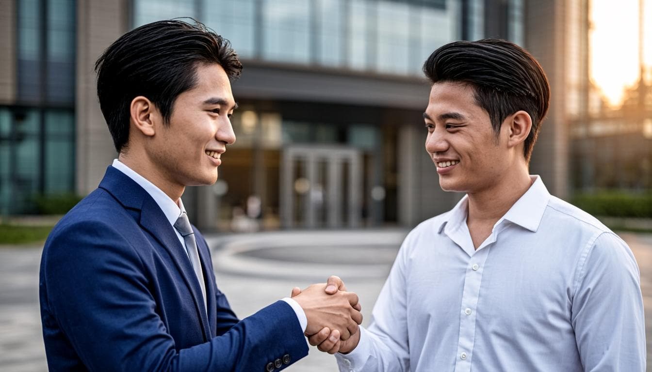 Two men in business attire shaking hands in front of a modern building with glass windows