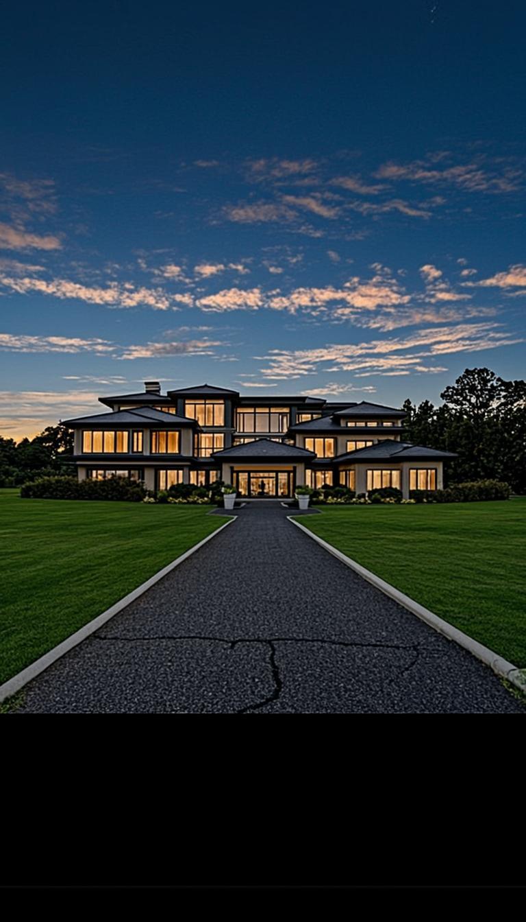Modern two-story house with illuminated windows and landscaped lawn at twilight